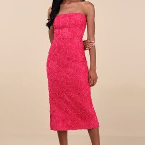 Lulus Flawless Perfection Fuchsia Floral Applique Strapless Midi Dress Pink